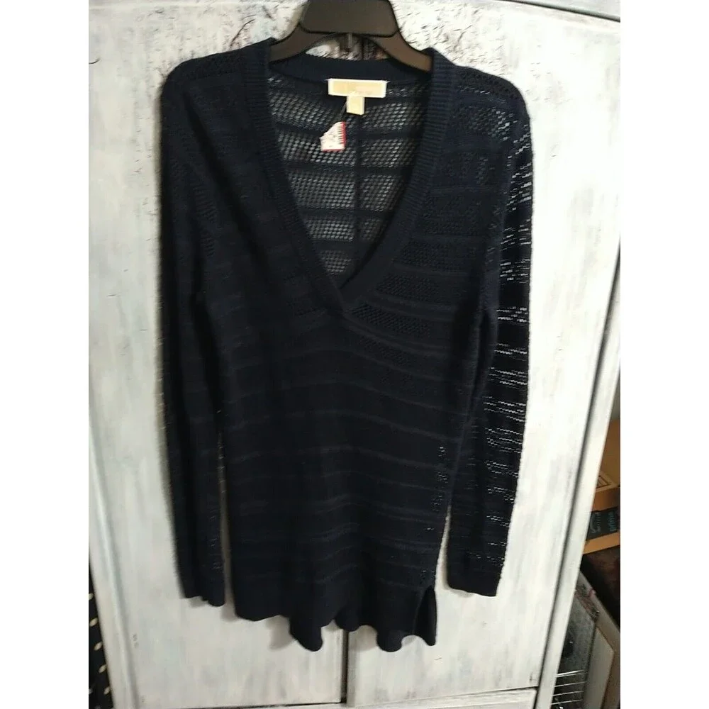 Michael Kors V-neck Netted Navy Blue Small Tunic Sweater Boho Cottage Core
